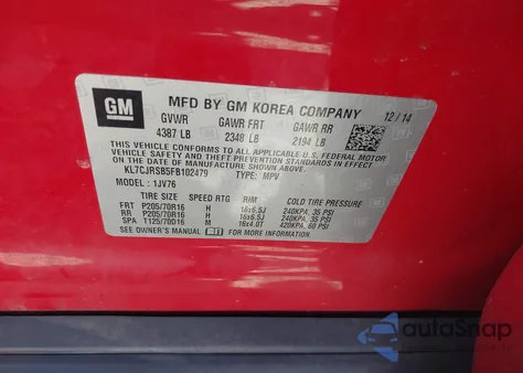 2015 Chevrolet Trax Lt из США, поврежденный, VIN KL7CJRSB5FB102479